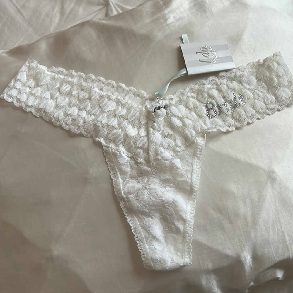 Victoria’s Secret white lace Bride rhinestone thong